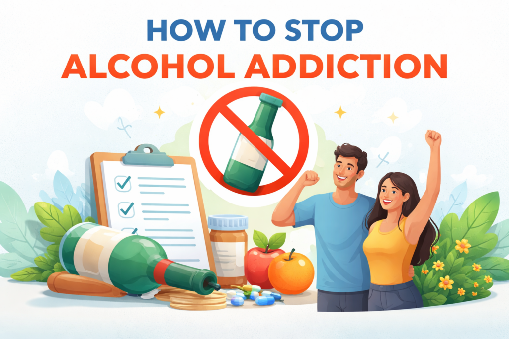 How to stop alcohol addiction with recovery support and healthy lifestyle illustration