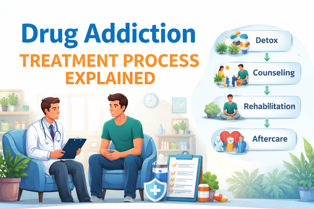 Drug addiction treatment process with detox, counseling, rehabilitation, and aftercare support illustration.