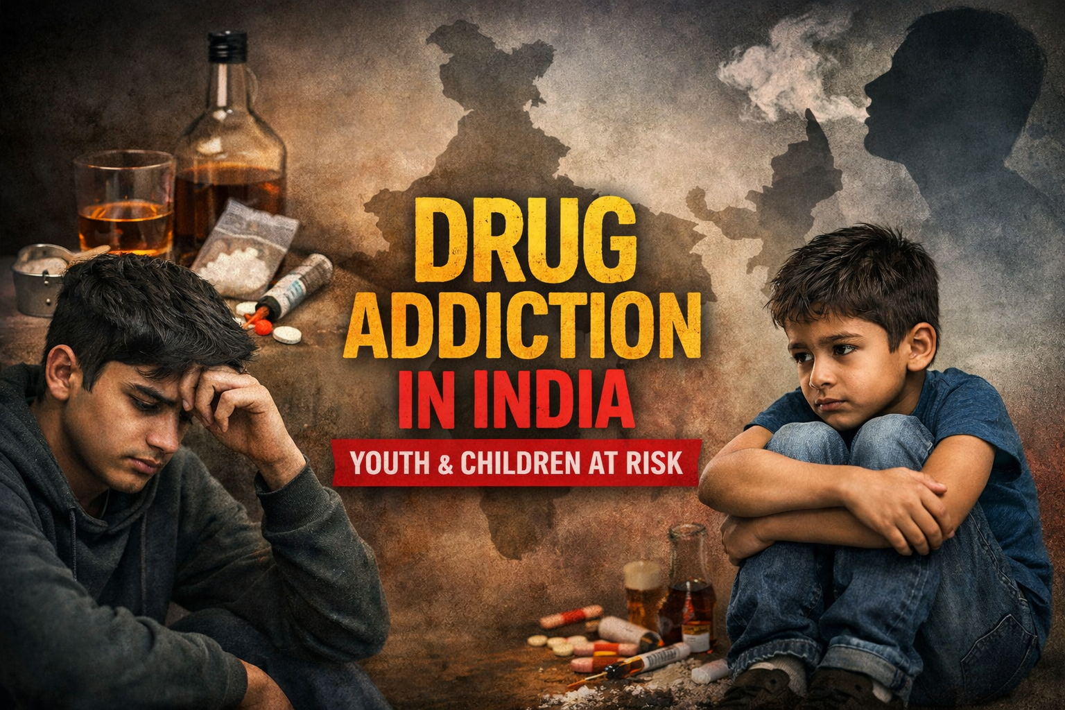 Drug addiction in Indian youth and children awareness concept